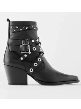 Zara Black Studded Leather Heeled Ankle Size 6